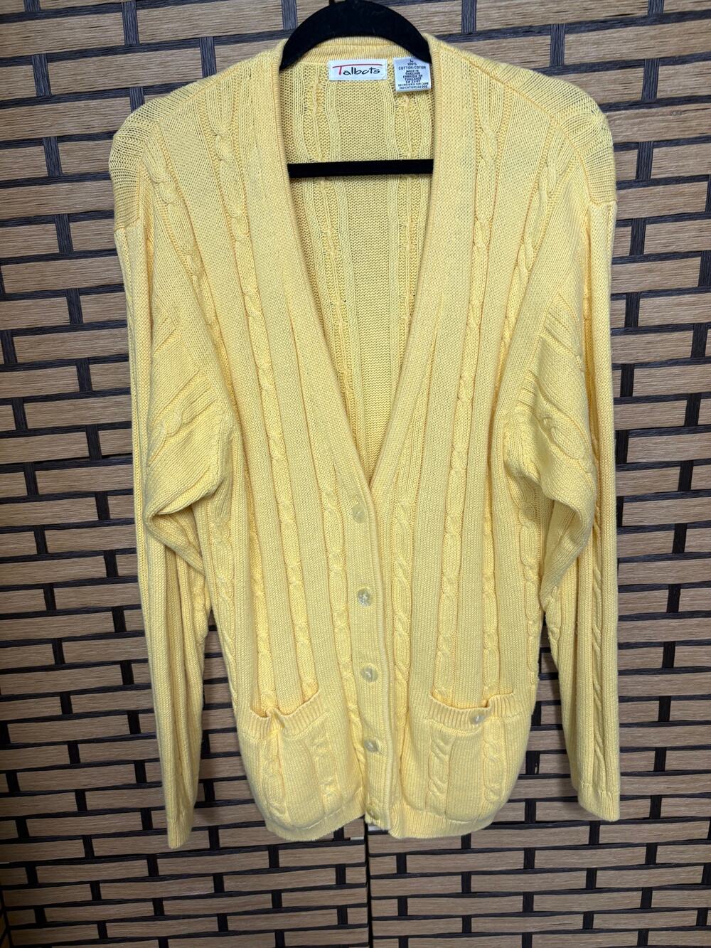 Talbots Pale Yellow Cable Knit Cardigan Size Large